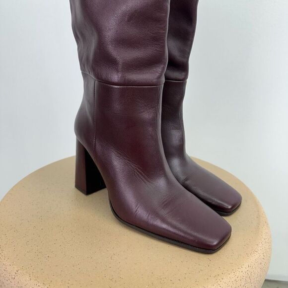 Zara Women’s Oxblood Burgundy Leather Square Toe Below the Knee Block Heel Boot - Picture 4 of 15